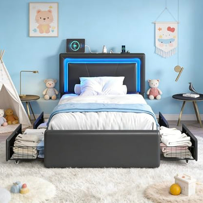 Twin Size Bed Frame with 4 Storage Drawers, Upholstered Headboard, Black | Modern Bed, Charging Station, LED Light, Adjustable Height Headboard, Noise-Free, No Box Spring Needed, Easy Assembly - color: Black, size: Twin