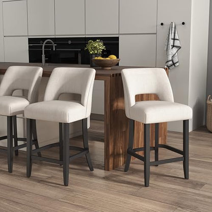 VKNOW Bar Stools Set of 2, 26" Upholstered Counter Height Bar Stools | Modern Counter Stools with Black Rubberwood Legs for Kitchen Island Dining Room Bar, Beige-Black Legs - color: Beige-black Legs, size: Set of 2