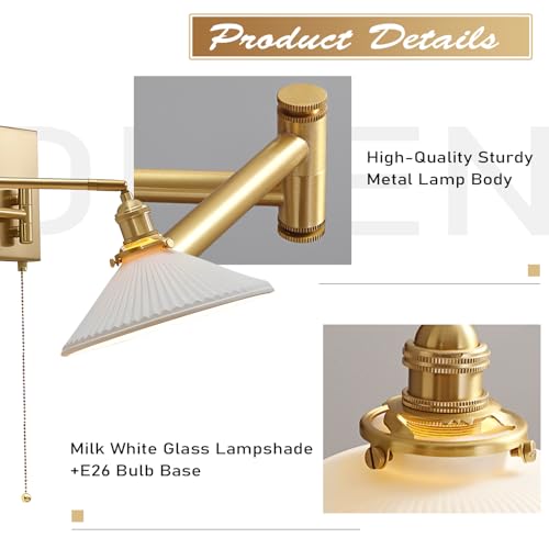 Swing Arm Wall Sconce 2-Pack, Brushed Gold Frosted Glass, 17.7" | Pull chain, frosted glass shade, bedside vanity bathroom, mid century wall light - color: A-2Pack