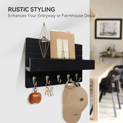 Key Holder Wall Mount, Decorative Key Rack with Shelf & 5 Sturdy Hooks, Rustic Key Hooks for Wall for Mail Organizer Hanging Dog Leash, Glasses, Wooden Key Hanger with Mounting Hardware