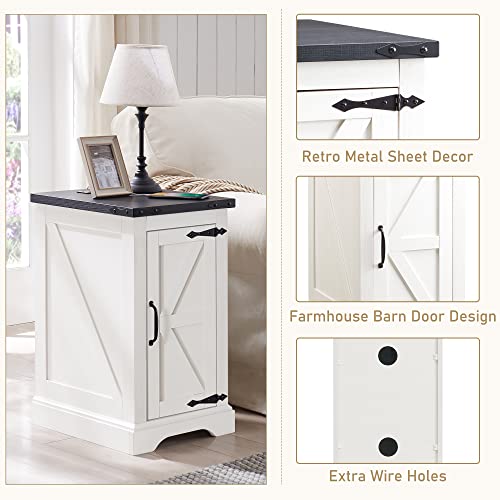 Farmhouse 17" Nightstand with Charging Station, White | Rectangular/ Rustic End Table with Barn Door /Adjustable Shelf/ Wood Sofa Side Table/ for Living Room, Bedroom - color: White Color