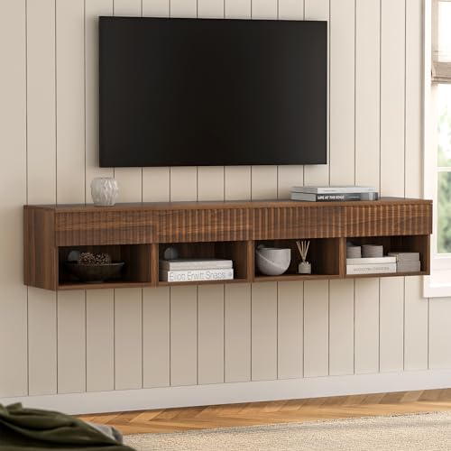 Small Fluted Floating Nightstand, Bedside Table Set of 4 with Drawer, Modern Night Stand with Fluted Door and Open Storage Shelf Wall Mounted for Bedroom, Entryway Brown - color: Brown, size: 4 PCS