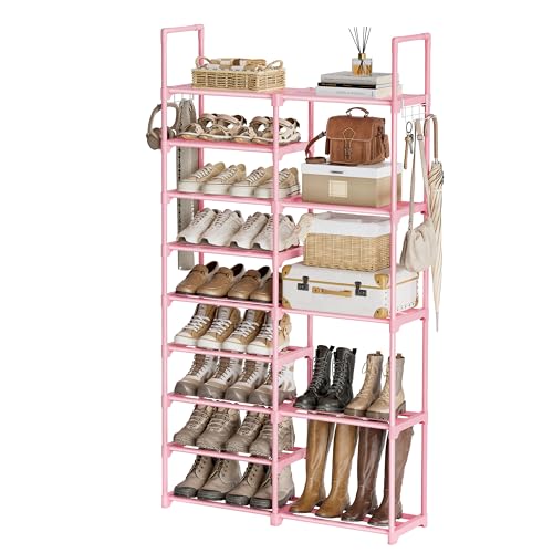 WOWLIVE 9 Tier 2-Column Shoe Rack, 30-35 Pairs Stackable Pink | Compact 33.75in Long Fits Narrow Spaces, Removable Layers for Boots Heels, Split Design for Flexible Layout - color: Pink, size: 2 Row 9 Tier