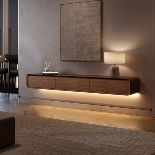 POVISON Fully Assembled Floating TV Stand with LED Lights, Modern Wall-Mounted Media Console with 3 Flip-Down Cabinet Doors, Floating Entertainment Center for 75 Inch TV - color: Walnut, size: 78.74"