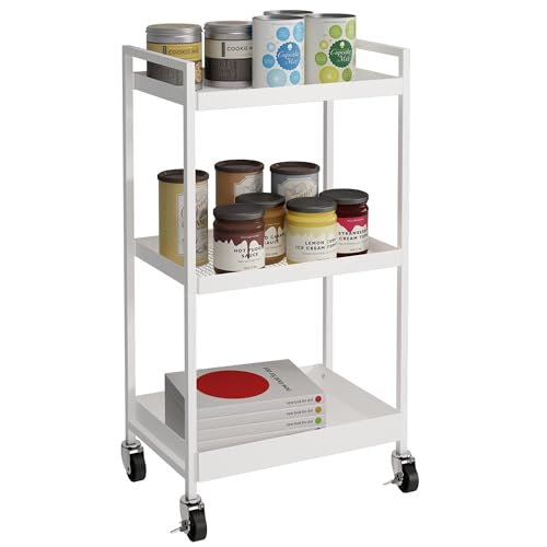 3-Tier Metal Utility Rolling Cart, Heavy Duty Multifunction Rectangular Cart with Lockable Casters, Kitchen Storage Carts Suitable for Office, Bathroom, Kitchen - White - color: White, size: 31.2"H