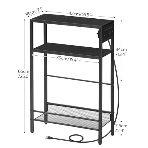 HOOBRO Small Narrow Side Table with Charging Station, Skinny End Table for Small Spaces, Slim Nightstand with USB Ports Outlet, Sofa Beside Table with Storage Shelf, Black BB102UBZ01 - color: Black
