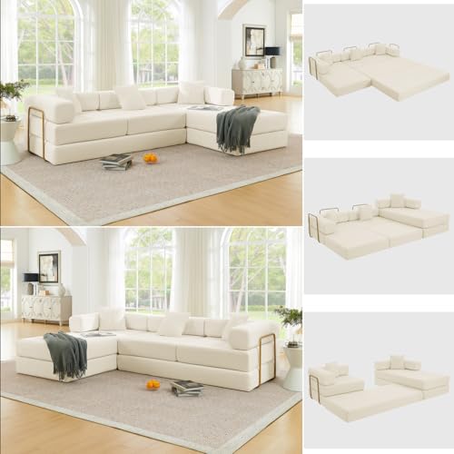 HANXIN 108" Modular Sectional Sofa, Futon Convertible Sofa Bed,Oversized Corduroy Boneless Couch for Living Room,Floor Loveseat Sleeper with Pull Out Bed,Free Combination,No Assembly Required (Beige) - color: Beige, size: 108" L-Shaped Sofa Bed