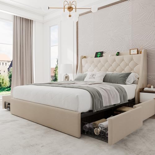 Einhomn Upholstered Full Size Bed Frame with 4 Storage Drawers, Platform Bed with Wingback Headboard, Charging Station, No Box Spring Needed, Beige - color: Beige, size: Full