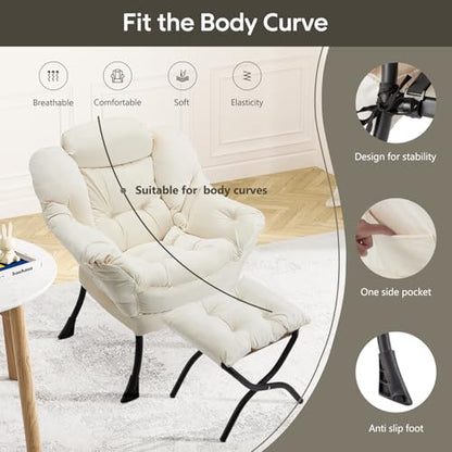 Lazy Chair with Folding Ottoman Modern Large Accent Chair,Contemporary Lounge Leisure Sofa Chair with Armrests Upholstered Sofa Armchair Reading Chair for Bedroom,Dorm & Office (Beige-f) - color: Beige