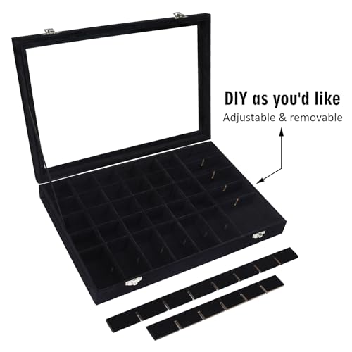 Siveit Velvet Jewelry Tray 48 Grid Jewelry Display Tray Organizer Box with Transparent Lid Rings Earrings Necklaces Pendants Display Box Suitable for Women and Girls (Black) - color: Black