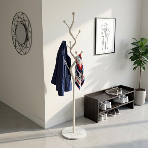 OffWhite Tree Meta Coat Rack with Marble Base Freestanding Hall Tree | Multi-Hook Entryway Organizer for Hallway, Bedroom, Living Room (Off-White) - color: Off-White