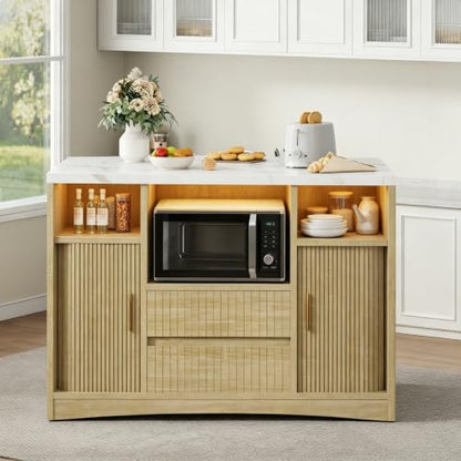 Kitchen Island on Wheels, Rolling Island Cart with Power Outlet | & RGB LED Light, Movable Buffet Cabinet with Fluted Sliding Door, 2 Drawers, Microwave Cart, Large Countertop, Natural - color: Natural