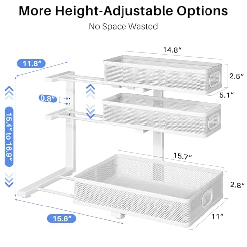 Under Sink Organizer, 3-Tier Thickened Metal Pull out Cabinet Organizer Shelf, Height Adjustable Slide out Storage Drawer Rack for Kitchen Bathroom Pantry Laundry Home Organization, 2-Pack, White | 35% Extra Storage Capacity, Carbon Steel, Hold Up 55lbs,