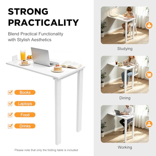 Folding Wall Mounted Table with Legs, 29"×15" Drop Leaf Desk (White) | For Home Office Kitchens Balconies Small Apartments; Saving Space, Heavy Duty Solid Wood Multi-layer Boards, Easy to Install