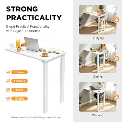 Folding Wall Mounted Table with Legs, 29"×15" Drop Leaf Desk (White) | For Home Office Kitchens Balconies Small Apartments; Saving Space, Heavy Duty Solid Wood Multi-layer Boards, Easy to Install