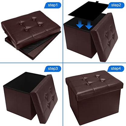 Bsketa 2PC Storage Ottoman, Folding Foot Stool with Thicker Foam Padded Seat Small Leather Storage Ottoman Bench Foot Rest for Living Room Foldable Coffee Table 17x13x13in,Brown | Ottoman with Storage, Thicker Foam Padded Seat, Living Room, Dorm, Bedroom,
