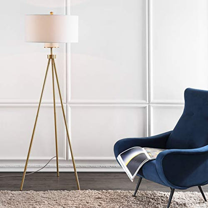 SAFAVIEH Lighting - Enrica 66-Inch Floor Lamp - Brass Gold - Fabric Shade - Mid-Century Tripod Leg Design - Ideal for Living Room, Bedroom - LED Bulb Included (FLL4008A)