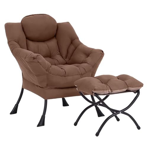 Lazy Chair with Ottoman, Comfy Accent Reading Chair, Dark Brown | Foldable Footrest,Removable Cover,with Armrests and Side Pockets,Upholstered Lounge Chair for Bedroom,Dorm,Office,Small Space - color: Dark Brown