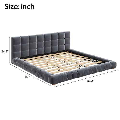 Upholstered Velvet Platform Bed Frame with Channel Tufted Headboard, Modern Low Profile Bed with Sturdy Slat Support, No Box Spring Needed (Gray) - color: Grey