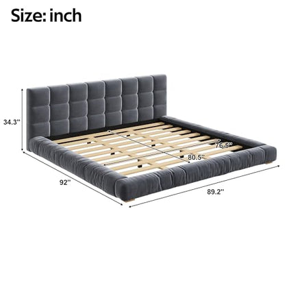 Upholstered Velvet Platform Bed Frame with Channel Tufted Headboard, Modern Low Profile Bed with Sturdy Slat Support, No Box Spring Needed (Gray) - color: Grey