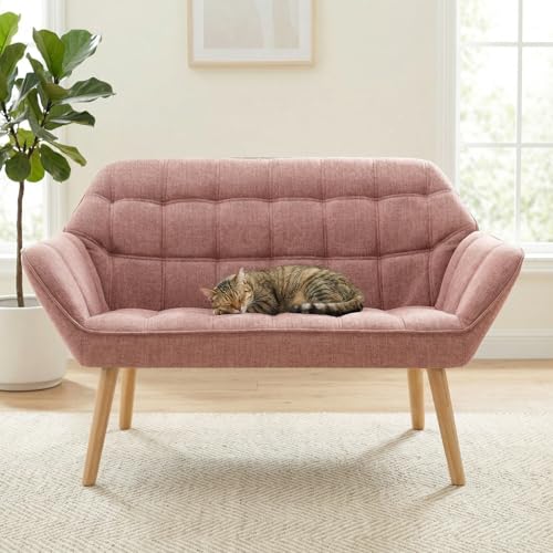 48" Small Loveseat Sofa, Modern Linen Fabric Mini Sofa Couch 2-Seater Love Seat with Quilting Backs and Wood Legs for Living Room, Bedroom and Small Space, Pink - color: Pink