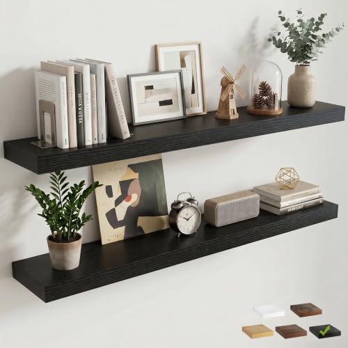8 inch Deep Floating Shelves for Wall, 48" Wide, Black Finish, 2-Pack | Engineered Wood Wall Shelves with Invisible Brackets for Living Room, Bedroom, Bathroom, Office & Kitchen Storage - color: Black Finish, size: 48"W x 8"D, 2p