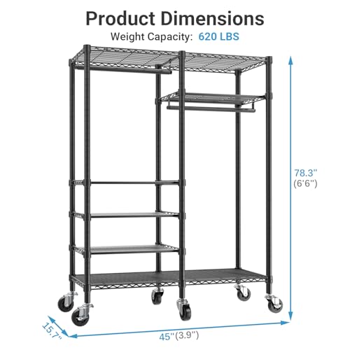VIPEK R4C Portable Closet Rolling Clothes Rack with Wheels & Zippered Cover | Black Upgraded Fabric Cover, Lockable Wheels, 4 Adjustable Shelves, 2 Hanging Rods, Metal Porable Garment Rack for Bedroom - color: Black Rack with Black Cover, style: R4C