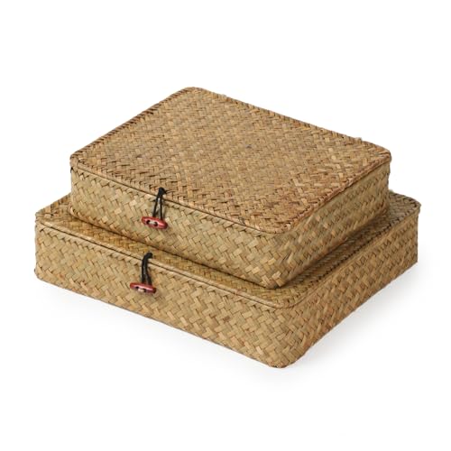 YANGQIHOME Set of 2 Seagrass Baskets with Lids, Rectangular Woven Storage Baskets, Natural Wicker Basket Boxes for Coffee Table, Shelf, Bathroom Counter & Closet Decor (Natural, Set of 2) - color: Natural, size: Set of 2