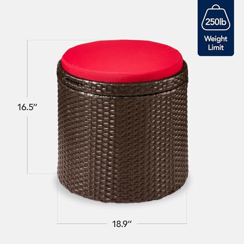 Best Choice Products Round Wicker Ottoman, Multipurpose Outdoor Furniture for Patio, Backyard, Additional Seating, Footrest, Side Table w/Storage, Removable Cushions – Brown/Red - color: Brown/Red