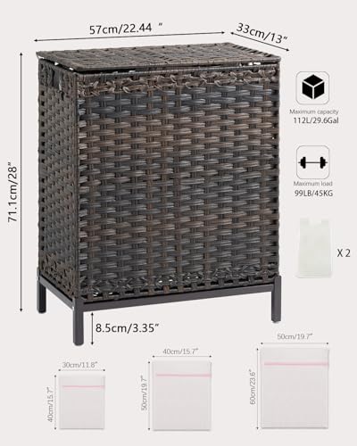 SETVSON Laundry Hamper with Lid, 29.6 Gal 2-Bag Clothes Sorter, Brown | 112L 2-Section PE Rattan Hamper with Lid, Metal Heightened Feet, 2 Removable Liners, 6 Mesh Laundry Bags, Steel Frame - color: Brown, size: 112 L - 29.6 gal