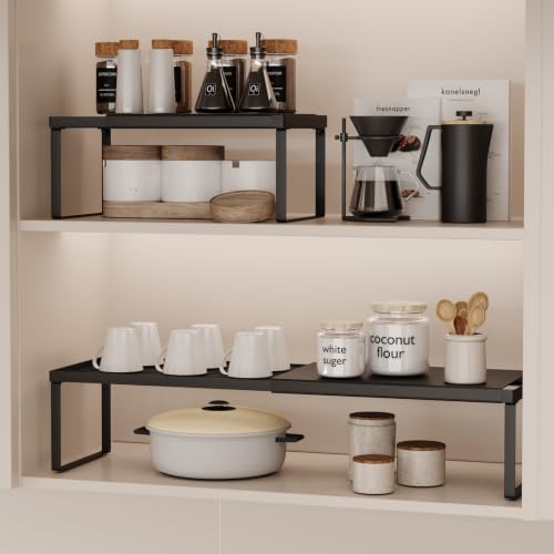 Magheo Expandable Cabinet Shelf Organizer, 1 Pack Stackable Kitchen Counter Shelf Riser, Metal Spice Rack Heavy Duty Countertop Organizer Storage for Kitchen, Pantry, Cupboard, Rv (5.9in Height,Black) - color: Black, size: 1 Pack-5.9in Height