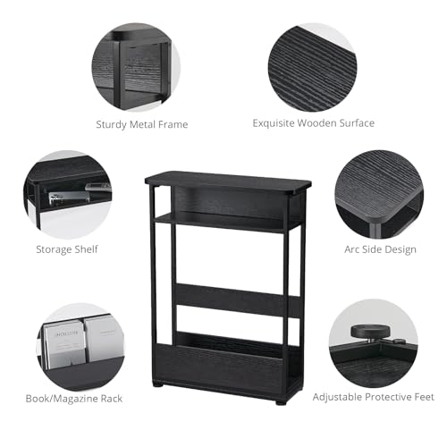 Narrow Side Table,3-Tier Slim End Table with Storage Shelf,Modern Sofa Table Thin Side Table for Narrow and Small Spaces, Skinny Bedside Table Small Nightstand with Magazine Rack Space Saving/Black - color: Black