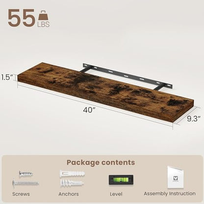 Vivelove Floating Shelves 9 inch Deep 40”Long Set of 2, Rustic Brown | Easy Install With Hardware, 1.5" Thick, Invisible Brackets, Wall Mounted, No Sagging, For Any Room - color: Rustic Brown, size: 40”wx9.3”dx1.5”h