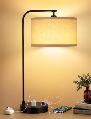 20.7" Tall Table Lamp with USB & Outlet, Fully Dimmable Nightstand Lamp | Linen Lampshade, USB Port and Outlet, Black Desk Lamp for Bedside, Living Room, Guest Room, Home Office, LED Bulb Included - color: A-Beige Shade & Black Base