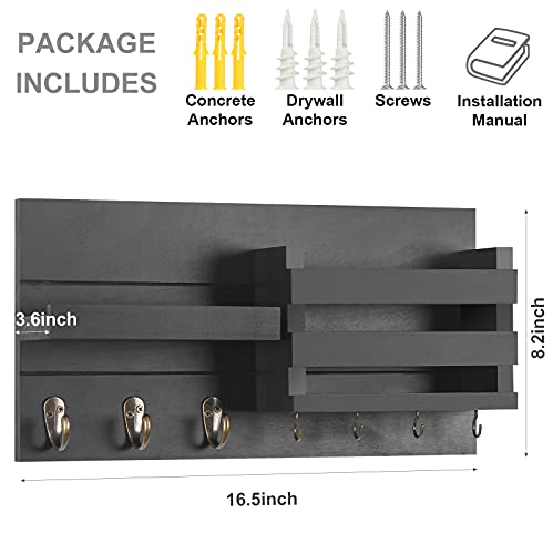 Lwenki Mail Organizer for Wall Mount – Key Holder with Shelf Includes Letter Holder and Hooks for Coats, Dog Leashes – Rustic Wood with Flush Mounting Hardware (16.5” x 8.7” x 3.5”) - color: Black