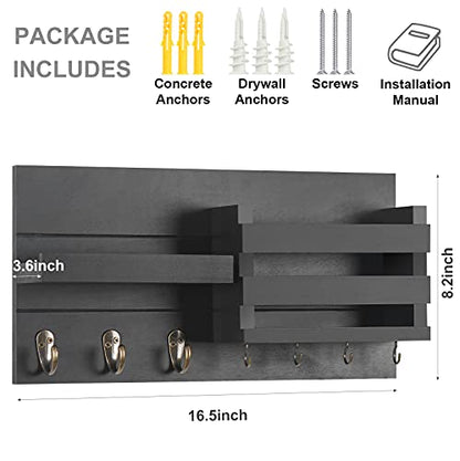 Lwenki Mail Organizer for Wall Mount – Key Holder with Shelf Includes Letter Holder and Hooks for Coats, Dog Leashes – Rustic Wood with Flush Mounting Hardware (16.5” x 8.7” x 3.5”) - color: Black
