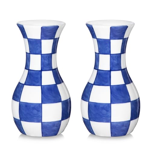Set of 2 Small Blue and White Ceramic Vase, 6" Bud Checkered Flower Vase | Hand-Painted Checkered Plain, Triple-Fired Glazed Ceramic, Retro Chinoiserie Decor for Living Room Bookshelf Side Table - color: # 2 Pcs Plain Texture