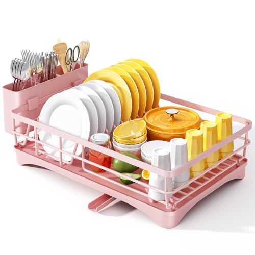 SNTD Dish Drying Rack for Kitchen Counter, 11.8" W x 16.7" L, Pink | Rustproof Stainless Steel, Large Capacity, Self-Draining Drainboard, Rotating Spout, Removable Utensil Holder - color: Pink