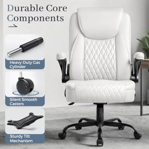 GTPOFFICE Executive Office Chair with Comfortable Lumbar Support, Ergonomic Gaming Chair with Flip-up Armrests & Zoned Pressure-Relief Cushion, Comfy PU Leather Desk Chair, White - color: White