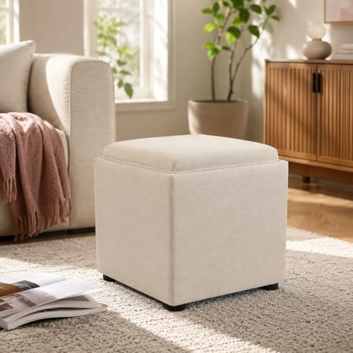 Storage Square Ottoman with Tray, Small Linen Foot Rest Stool Cube, Coffee Table for Dorm Living Room Bedroom, Beige - color: Beige
