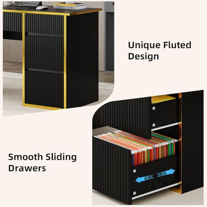 4 EVER WINNER 47-Inch Fluted Computer Desk with 4 Drawers, Black and Gold | Compact Home Office Desk with 4 Storage Drawers, Including a Deep File Drawer, for Bedroom, Study or Small Spaces - color: Black