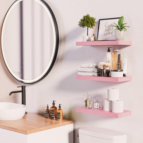 BAYKA Pink Floating Shelves 15.7in, Set of 3, Wall Mounted for Wall Decor | Easy Install, 22lbs Max Load, Hidden Bracket, Shelving for Bathroom Bedroom Kitchen Display Storage, Multi-Wall Compatible - color: D. Pink - Romantic & Sweet Style, size: 15.7inc