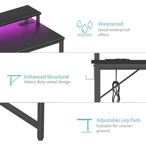 Lufeiya Small Desk with Power Outlets and LED Lights, 32 Inch Teen Writing Study Table Home Office Computer Desks with Monitor Stand, Gaming Desk with Charging Station, Black - color: Black, size: 31.5"