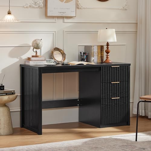 LEYAOYAO Office Desk 48" with 3 Drawers Storage File Cabinet | Wood Fluted Work Study Escritorio Desks for Computer Office Bedroom Home Furniture - color: Black