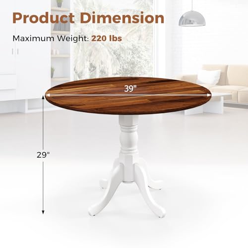 GIANTEX Round Dining Table, 39" D X 29" H, Rubber Wood Pedestal Table W/Round Tabletop & Curved Trestle Legs, 4-Person Dinner Table for Kitchen, Dining Room, Restaurant (Walnut & White) - color: Walnut & White