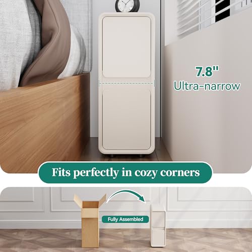 7.8" W Leather Narrow Nightstand Set of 2, Modern Fully-Assembled Bedside Table with 2 Drawers, White Night Stand Small Accent End Table & Side Table for Bedroom, Cream White - color: Cream Set of 2, size: 8in