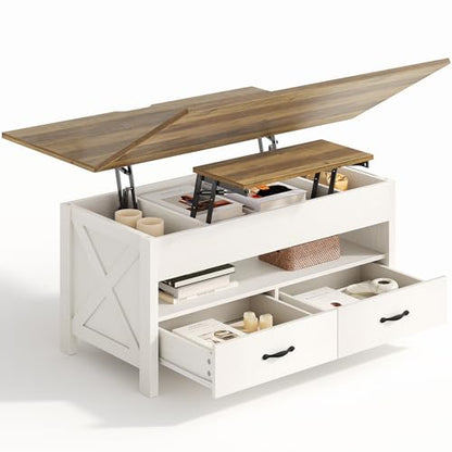 Amada Lift Top Coffee Table, 4 in 1 Convertible Coffee Table with Drawers and Hidden Compartment, Expandable Center Table Converts to Dining Table for Living Room, Farmhouse Oak & White - color: Oak & White