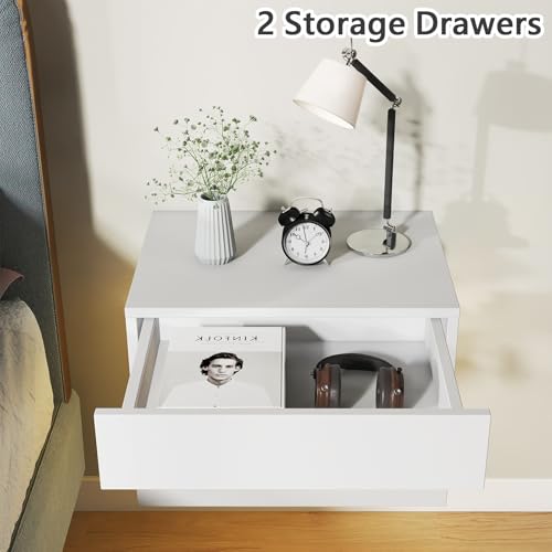 Floating Nightstand Set of 2,Modern Bedside Tables with LED Light for Bedroom,Small Night Stands with Drawers, Wall Mounted End SideTables Set for Living Room - color: White