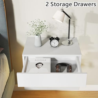 Floating Nightstand Set of 2,Modern Bedside Tables with LED Light for Bedroom,Small Night Stands with Drawers, Wall Mounted End SideTables Set for Living Room - color: White