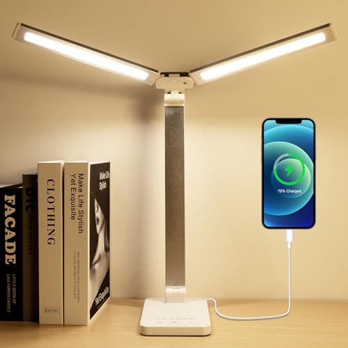 LED Desk Lamp, Dual Head Desk Light, 5 Levels Dimmable & 3 Color Modes Eye-Caring Table Light with USB Charging Port, Table Lamp for Reading, Studying, Home Office,White - color: White1